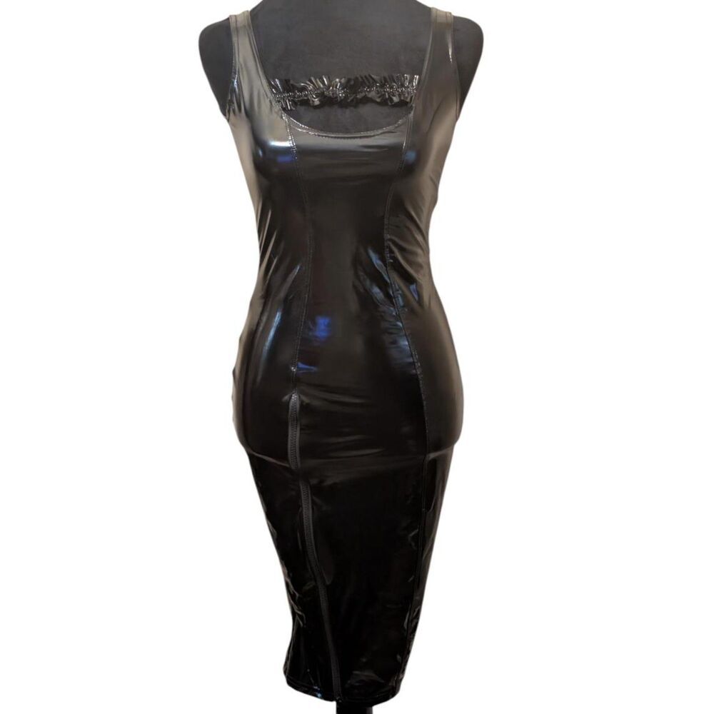 Noir Handmade Goth Whimsigoth Wetlook Ruffle Cutout Midi Dress Black Small